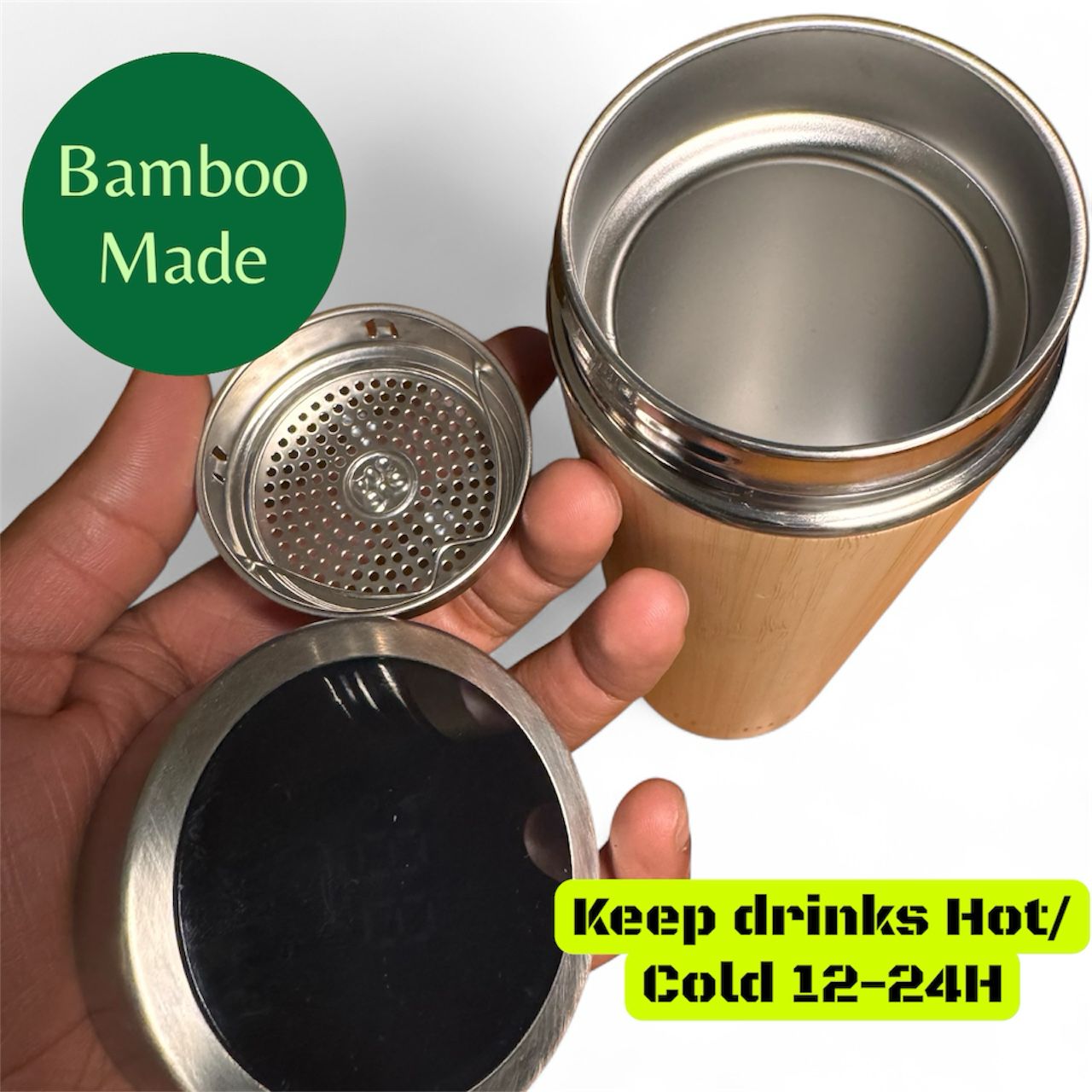 Premium Bamboo Made Tea, Coffee Tumbler with Infuser | 16oz Double Wall Stainless Steel Insulated Travel Mug | Smart Temp or Carry Rope Lid - Image 14